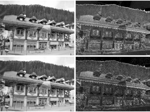 A test image and its high-pass residual, before and after resizing between two JPEG compressions
