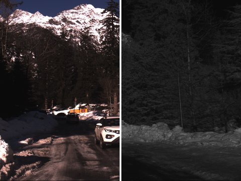 A snowy mountain road from IDD-AW, shown as an RGB frame next to its near-infrared pair